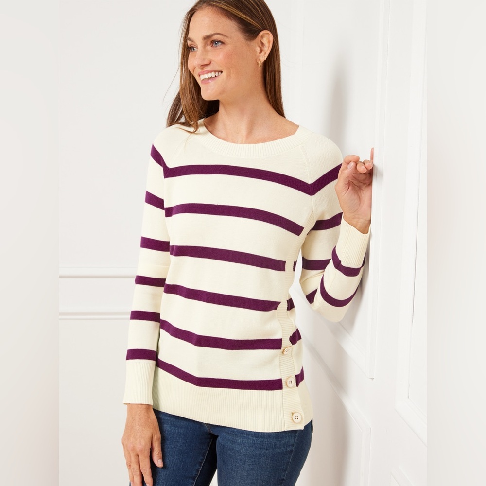 Talbots Mariner Stripe Button Detail Sweater Ivory & Plum Purple Medium
